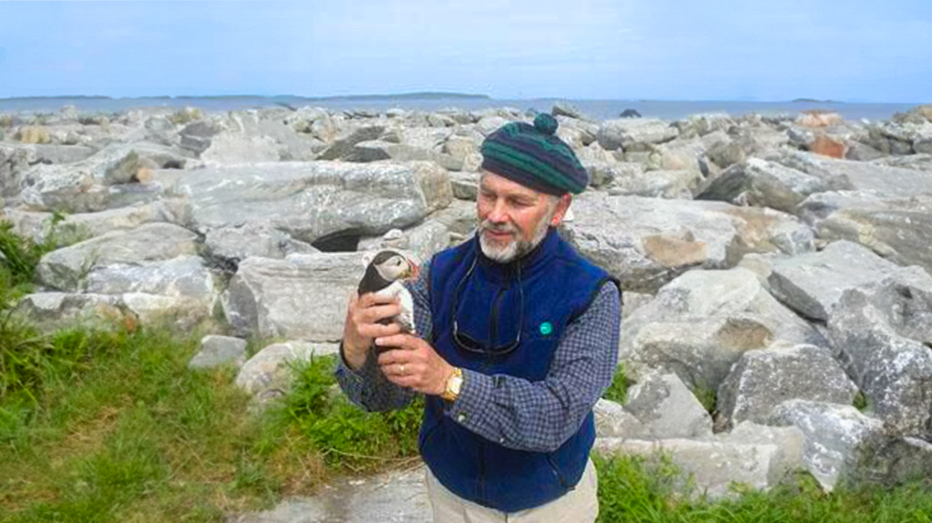 Dr. Stephen Kress holding a puffin on eastern egg rock maine
